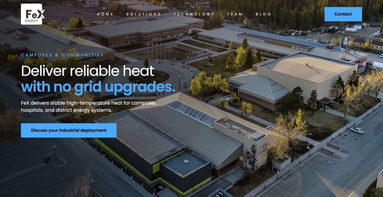 FeX Energy Campuses and Communities website page shown on a desktop monitor