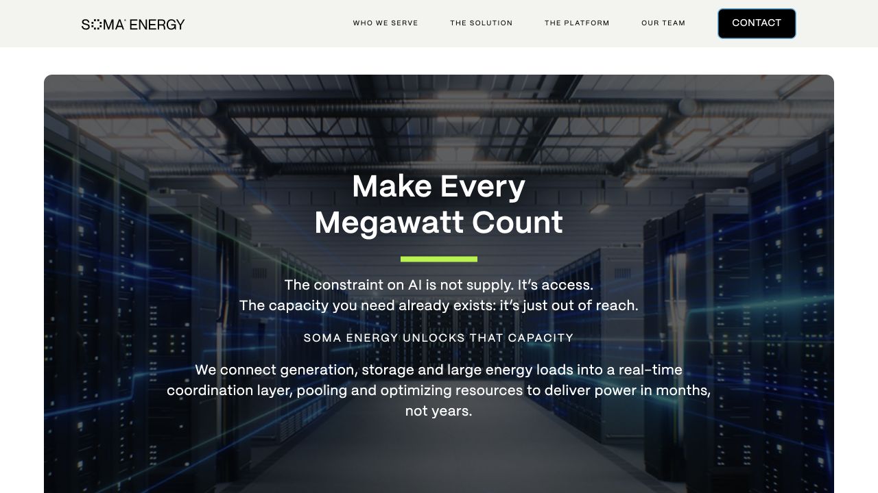 SOMA Energy website opening section shown on a desktop monitor