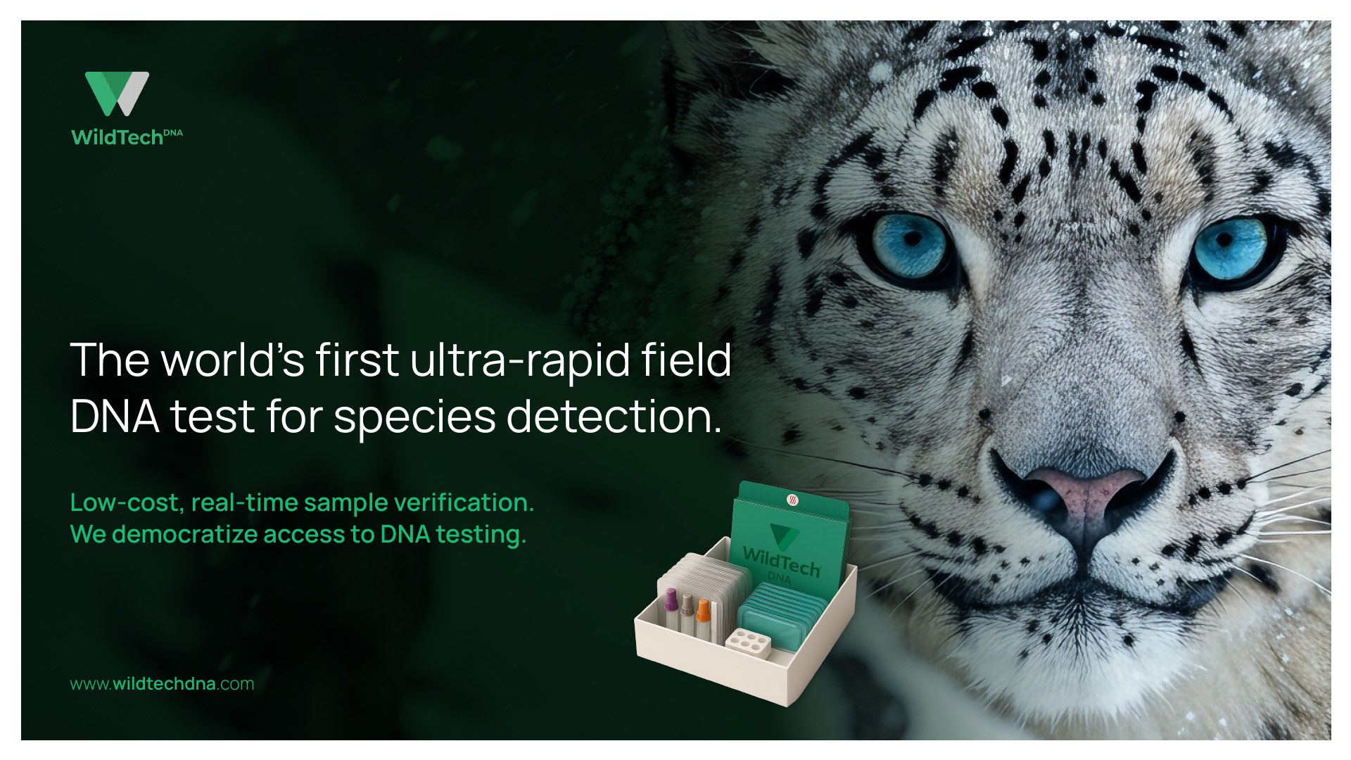 WildTech DNA pitch deck cover featuring a snow leopard and field DNA kit